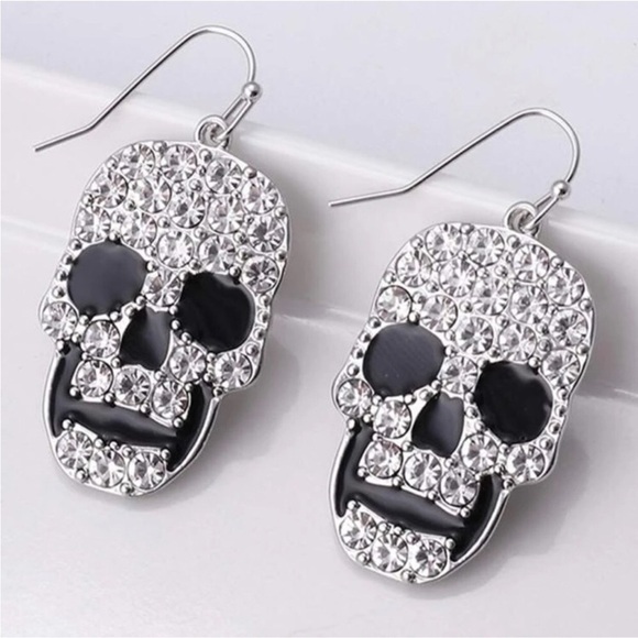Skull Rhinestones Bling Fashion Dangle Earrings, Silver, Black - Picture 14 of 16